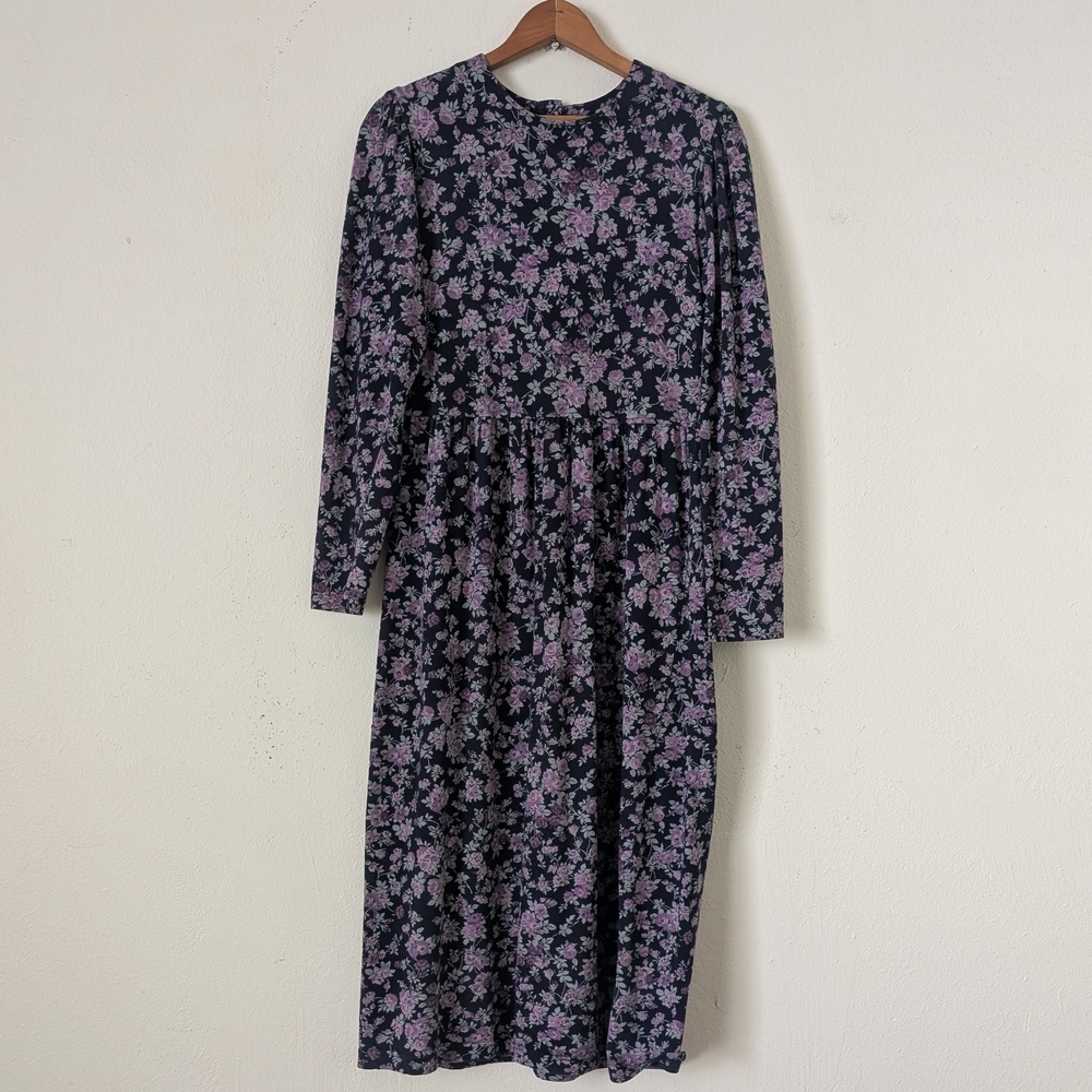 Vintage Laura Ashley Dark Floral Long Sleeve Dress, Navy Blue Lavender Flowers